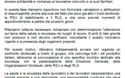 COMUNICATO SINDACALE – FISTEL CISL NAZIONALE , in merito al gravissimo infortunio avvenuto il 2 aprile presso la Cartiera Reno De Medici di Villa Santa Lucia